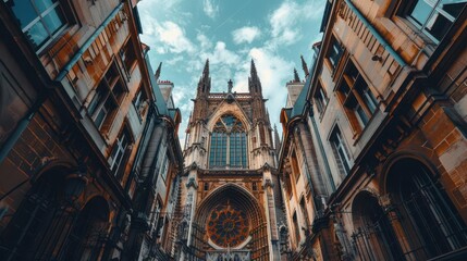 Fototapeta premium A detailed shot of historic architecture, capturing the intricate carvings and stonework of a medieval cathedral, set in a bustling European city center