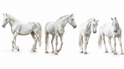 Four Elegant White Horses on a White Background, Generative AI