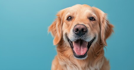 Fototapeta premium Golden Retriever Dog Smiling Against Blue Background