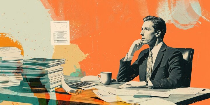 pensive man looking at papers on desk