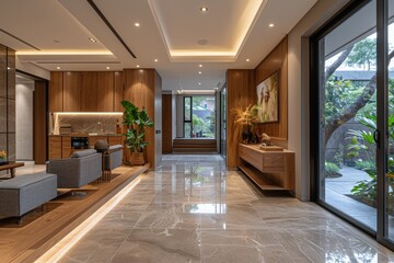 Fototapeta premium Modern Wooden Entryway With Plants and Recessed Lighting