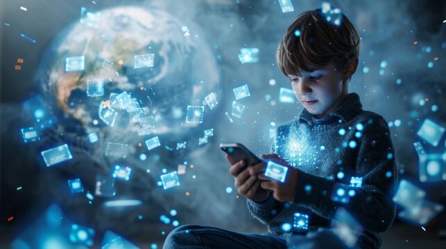 young boy with glasses and a backpack holds a digital tablet, standing in front of a holographic globe surrounded by futuristic data and technology visuals