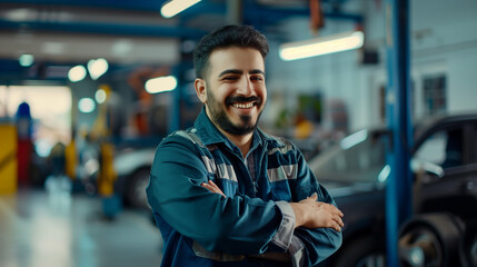 Smiling Auto Mechanic in a Modern Workshop. The mechanic is dressed in a blue uniform, indicative of his profession, and exudes a welcoming and professional demeanor. 