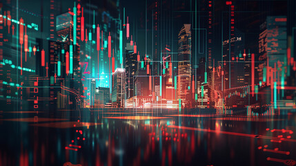 Fototapeta premium Stock Market Business Concept with Financial Chart on Skyline. A vibrant depiction of a bustling financial district at night, with illuminated skyscrapers and a superimposed financial chart displaying