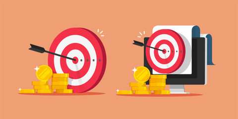Strategy money earnings target icon vector 3d, digital internet web business fund income campaign graphic illustration, success financial goal investment aim on computer pc image clip art set