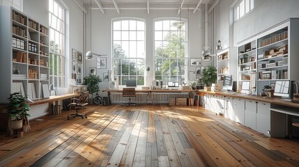A professional product design workshop studio, clean and tidy, blending modern and classic styles. The studio features polished wooden floors, white walls, and minimalist decor. Generative AI.