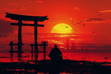 Silhouette of a Samurai Warrior With a Sword at Sunset Against a Torii Gate