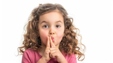 Fototapeta premium An endearing kid with a finger to her lips, as if sharing a secret with the viewer. isolated white background