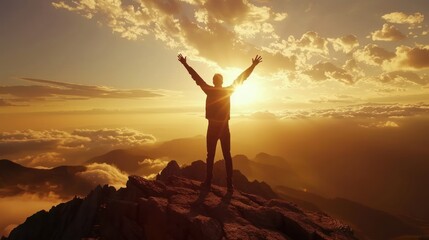 An inspiring image capturing the silhouette of a joyful businessman raising his arms in victory at the summit of a mountain, basking in the warm glow of the setting sun.