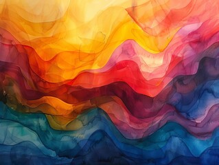 Abstract watercolor painting with fluid shapes and vibrant hues, blending harmoniously on a textured canvas