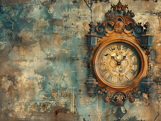 Fototapeta premium Antique clock with ornate designs and visible gears, set against a vintage backdrop