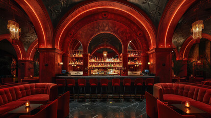 Fototapeta premium An upscale lounge or club, A dark red bar in the middle of an arch, red velvet sofa and chairs around it, warm lighting. Generative AI.