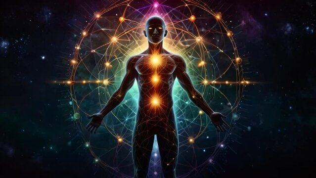 Anatomy of human body in Kundalini yoga, man and spiritual chakras, mediation yoga aura spirituality colorful chakra pentagon in space human body neon colorful lights Generative AI