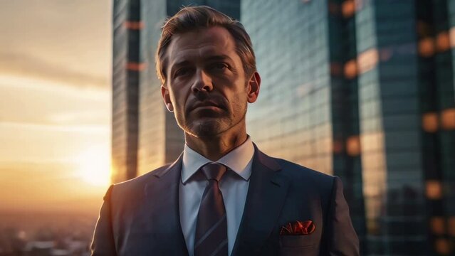Businessman in Suit Against Modern City Skyline. Generated with Ai