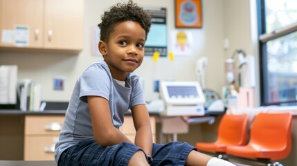 Curiosity and Engagement: Photograph the young boy's curiosity and engagement as he sits up on an exam table in a doctor's office, actively participating in his routine check-up.