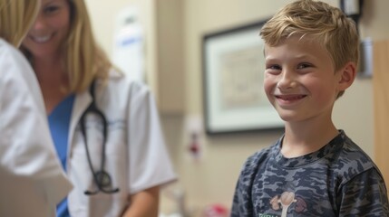 Fototapeta premium Exam Room Excitement: Capture the moment in an exam room where a young boy, with a bright smile, looks at his arm muscle while the unrecognizable female doctor watches with approval.