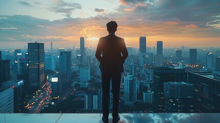 Plakat Back view business man executive standing in modern big city looking and dreaming of future business, success business mission ambition and vision concept with futuristic. Generative AI.