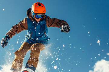 a snowboarder rides on the track in winter with a helmet, thinking about his safety