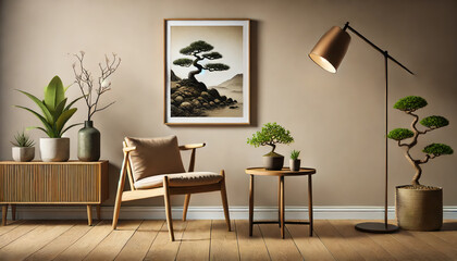 Minimalist interior with wooden chair and plant