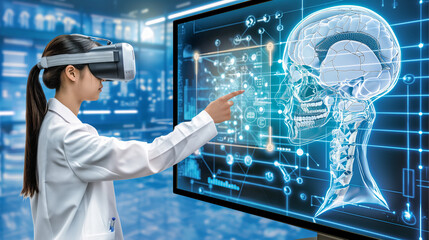 A woman wearing a white lab coat is pointing at a computer monitor displaying a brain. Concept of curiosity and fascination with the brain's inner workings