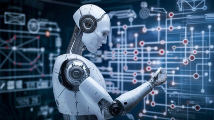 A robot is standing in front of a computer monitor with a red and white grid