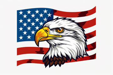 Fondo con dibujo de la cabeza de una águila calva, sobre la bandera americana con barras rojas y blancas, y estrellas blancas sobre fondo azul. Concepto celebraciones, 4 de julio, independencia
