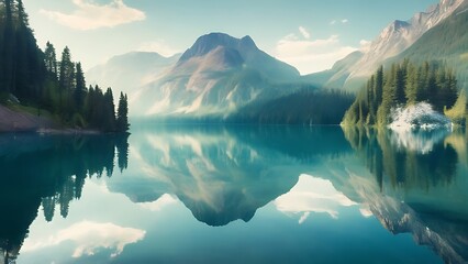 Naklejka premium a picturesque mountain lake, showcasing the reflection of surrounding nature and the calmness of the water, highlighting the serene beauty of the landscape. Ai Generated