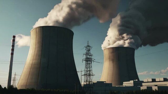 Polluting Towers: Nuclear Power Plant's Massive Smokestacks. Generated with Ai