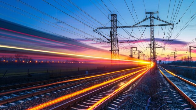 A long exposure shot captures a train passing through a scenic landscape at sunset, with power lines towering over the tracks.