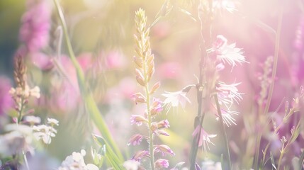 Obraz premium Varied perennial garden florals, close-up, soft backlight, bright tones, dreamy, macro lens