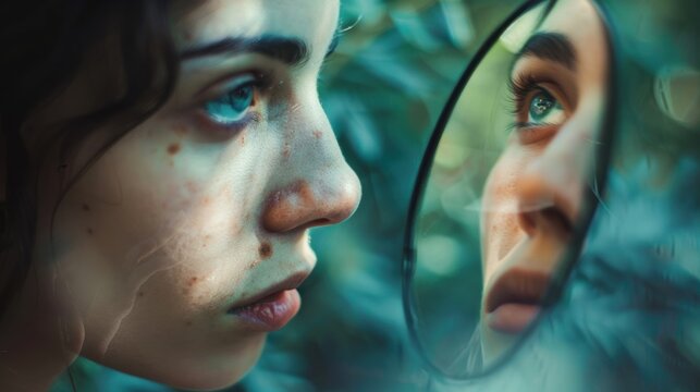 A person looking into a mirror, but the reflection shows a different scene or environment