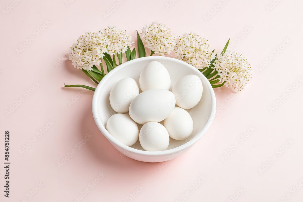 Sticker White Eggs in a Bowl with White Flowers on a Pink Background