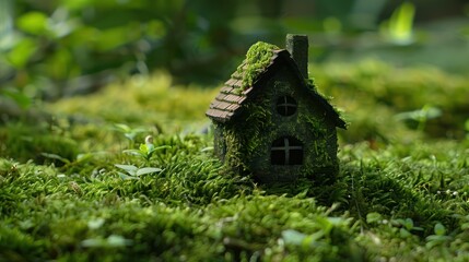 realistic photography close up miniature green macro house with moss texture on moss surface.