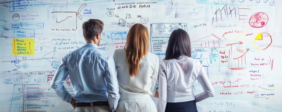 Strategic Planning for Digital Transformation: Business Leader Presenting Ideas on Whiteboard with Team Collaboration