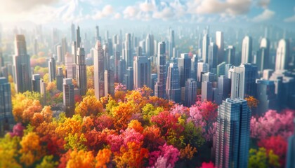 A vibrant cityscape with colorful autumn trees and tall skyscrapers captured from a tilted angle.