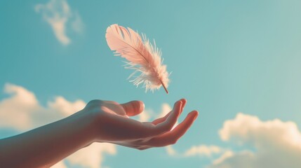 A person’s hand reaching out to touch a giant floating feather in a serene sky