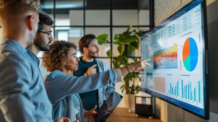 Expert Analyst Presenting Digital Transformation Trends on Interactive Dashboard to Team Members