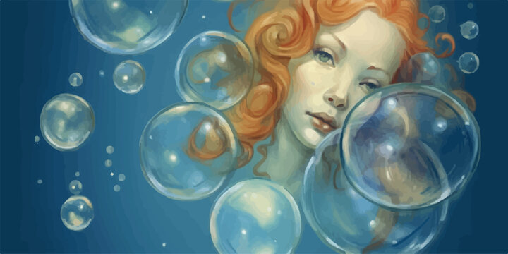 Anime girls in diving suits underwater surrounded by bubbles. A whimsical and enchanting illustration capturing the magical underwater world with anime characters in spacesuits and glossy bubbles.

