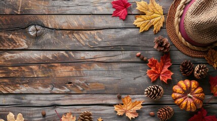Fototapeta premium Fall themed accessories on wood backdrop Ample space for text