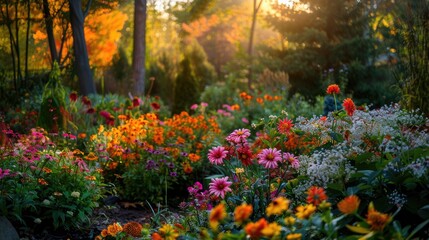 Obraz premium Vibrant flowers in a garden during autumn sunset