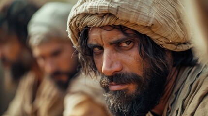 Obraz premium A close-up shot capturing the intimate moment of Jesus speaking to his disciples, their expressions attentive and reverent, against a neutral background, focusing on the exchange of words and wisdom. 