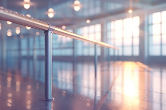 Empty ballet class room, dance barre and mirror, studio classical school background. Generative AI