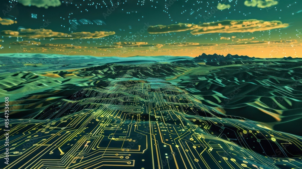 Poster a digitally created landscape resembling a circuit board, with electronic components arranged in a g
