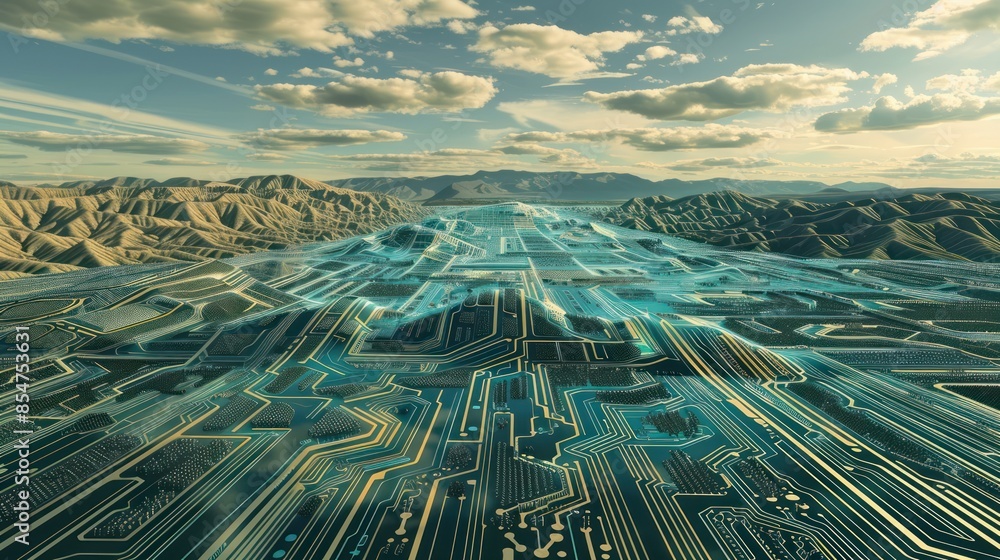 Poster a digitally created landscape resembling a circuit board, with electronic components arranged in a g