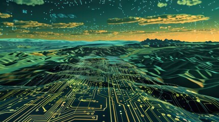 Fototapeta premium A digitally created landscape resembling a circuit board, with electronic components arranged in a geometric pattern across a vast terrain. 