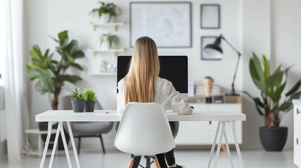 Fototapeta premium business woman working on a laptop at a clean, minimalist cafe, natural light,