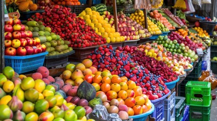 Panoramic food background with assortment of fresh organic fruits and vegetables in rainbow colors