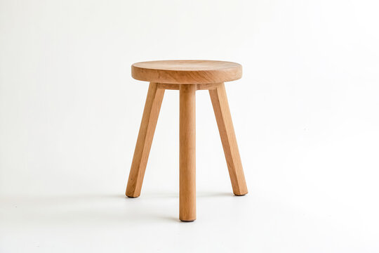 Wooden stool with three legs on white background
