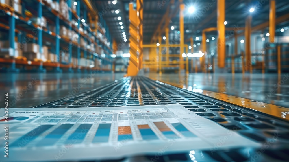 Poster data sheets with graphs in a production facility warehouse. generative ai.