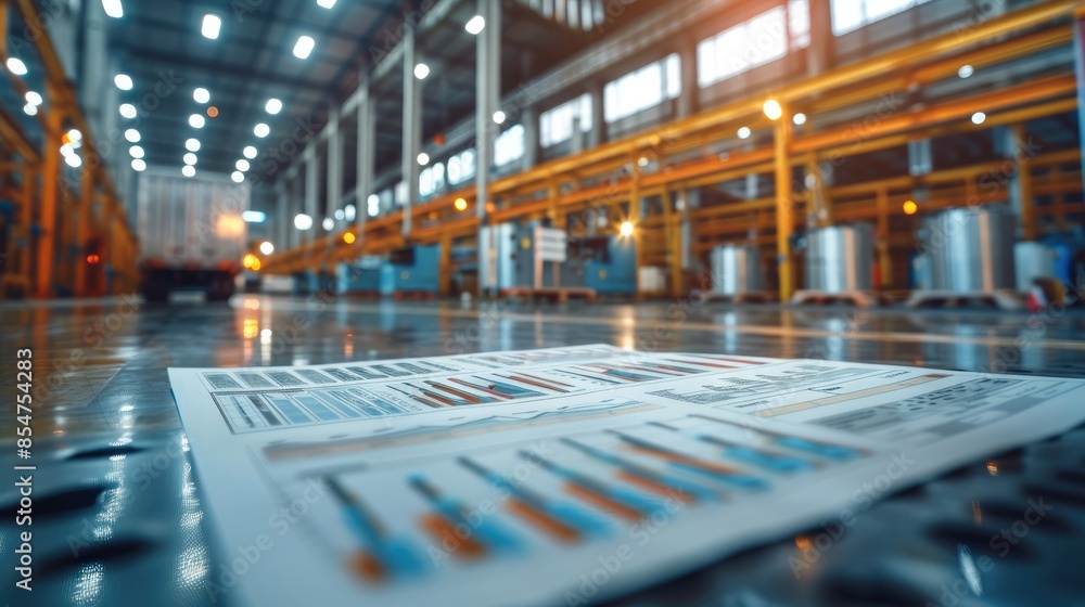 Poster data sheets with graphs in a production facility warehouse. generative ai.